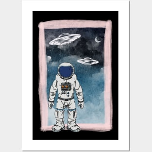 Floating astronaut Ufo alien abduction funny cute spaceship moon mars cosmic space Posters and Art